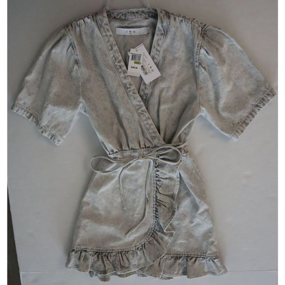 IRO AQ614 Women's Sz 44 US 12 Bleached Gray Mazargue Ruffled Wrap Dress $495 - Picture 10 of 11